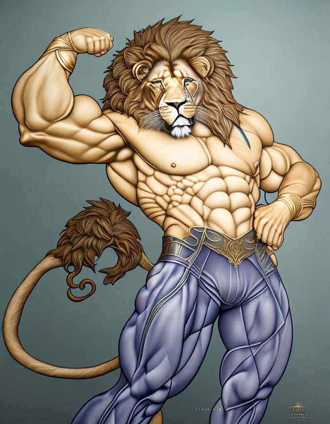 Muscular anthropomorphic lion in jeans flexing arm