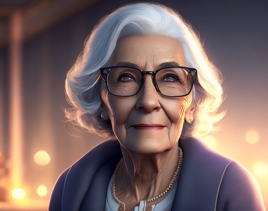 Elderly woman with white hair and glasses smiling gently