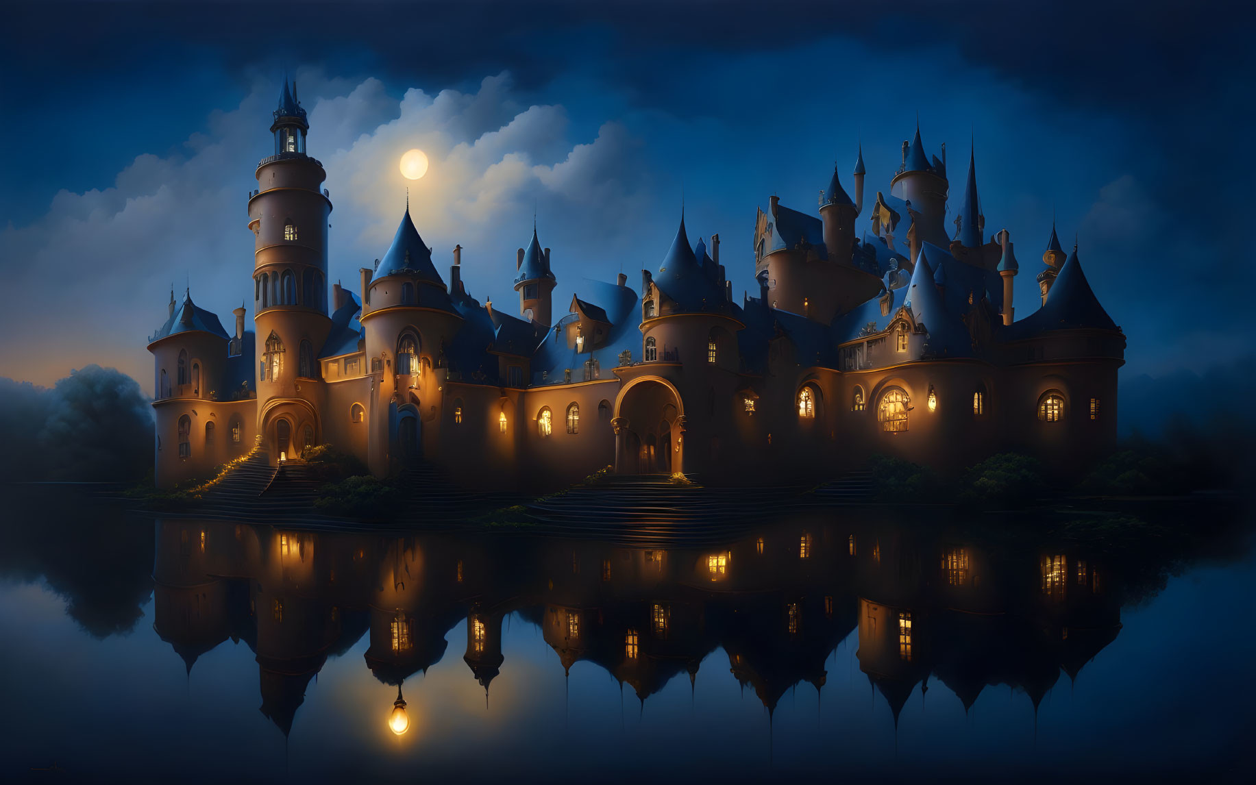 Fantasy castle with spires reflected in moonlit lake