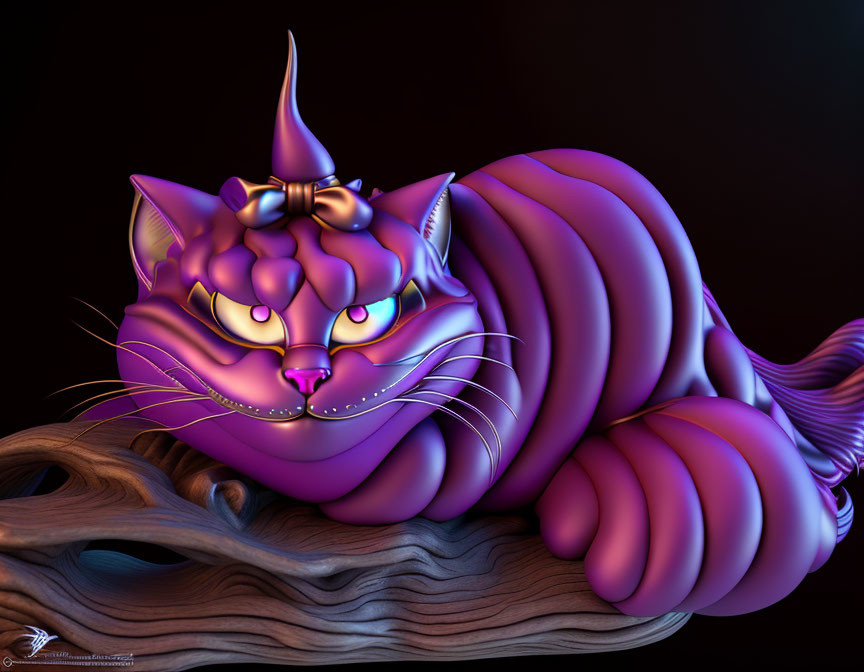 Purple-Striped Cat with Turquoise Eyes and Golden Bow on Wood Surface