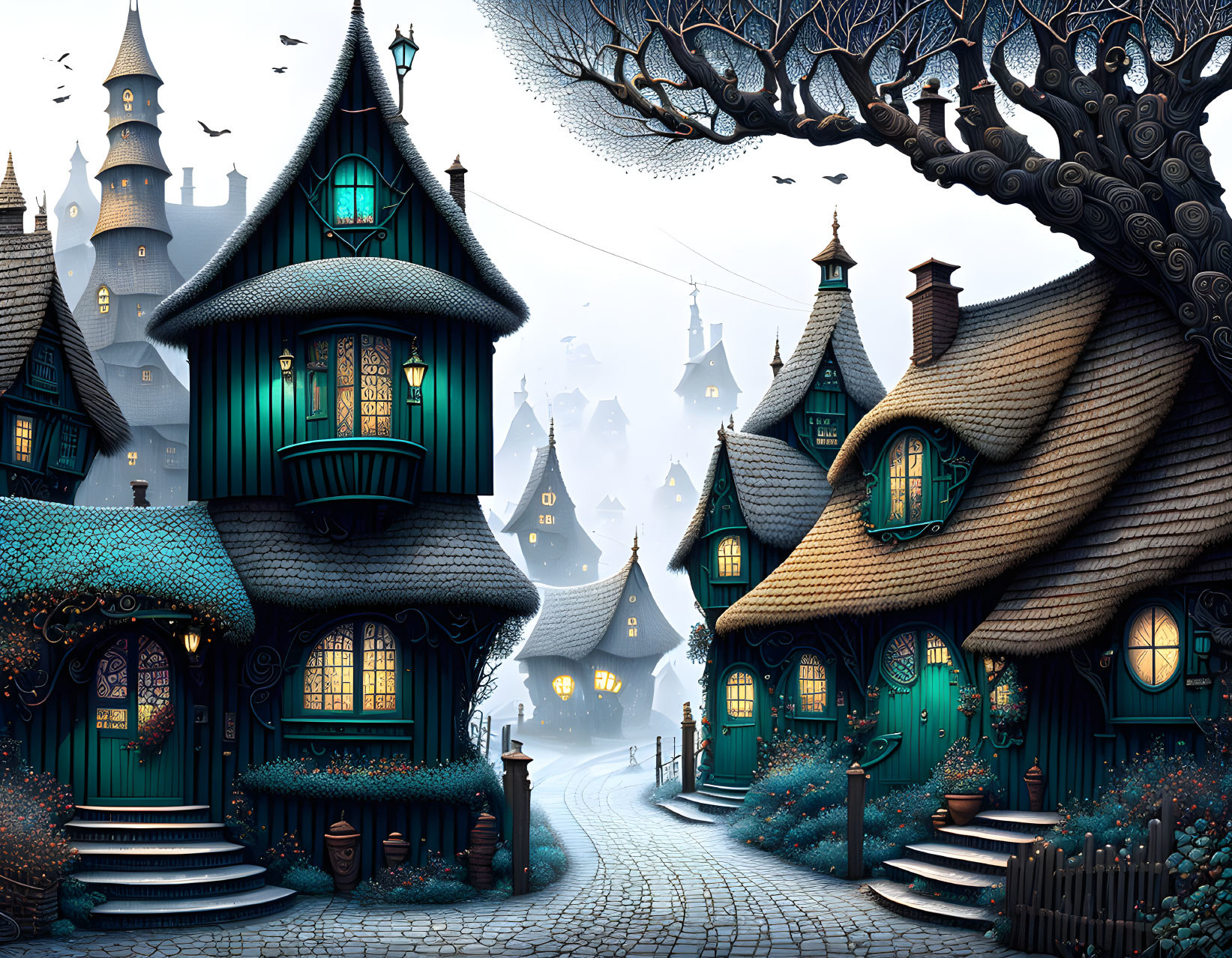 Whimsical fantasy village at dusk with glowing windows and castle silhouette