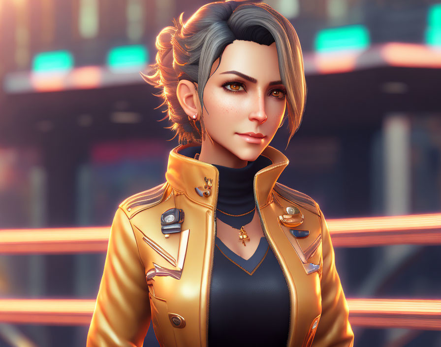 Digital artwork: Woman with short hair, yellow jacket, and earrings in urban setting.