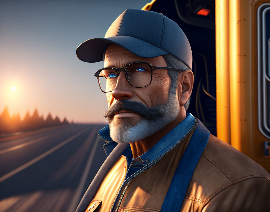 Digital artwork: Older man with beard and glasses, wearing cap, jacket, denim shirt, standing by