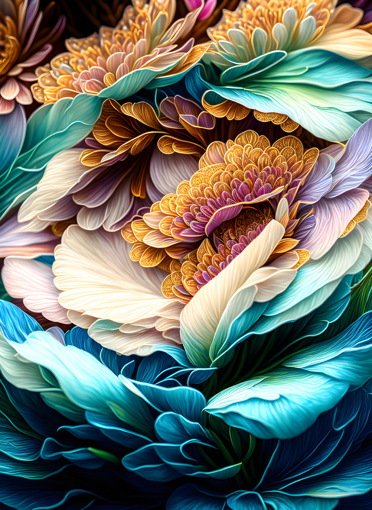 Colorful digital artwork: Layered petal-like forms in blues, oranges, and yellows