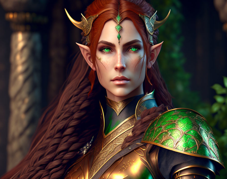 Fantasy elf digital artwork with green eyes and golden crown