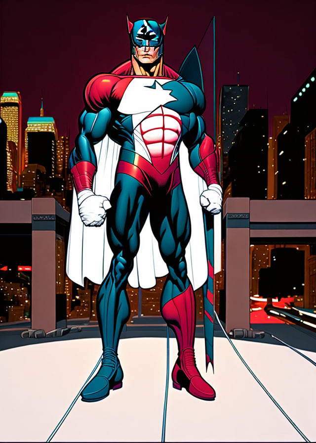 Superhero in red, white, and blue costume holding spear on twilight rooftop