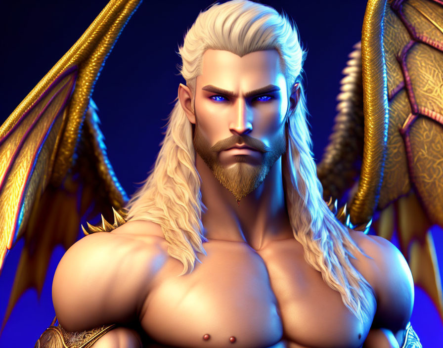 Muscular blond bearded male with golden wings in 3D art