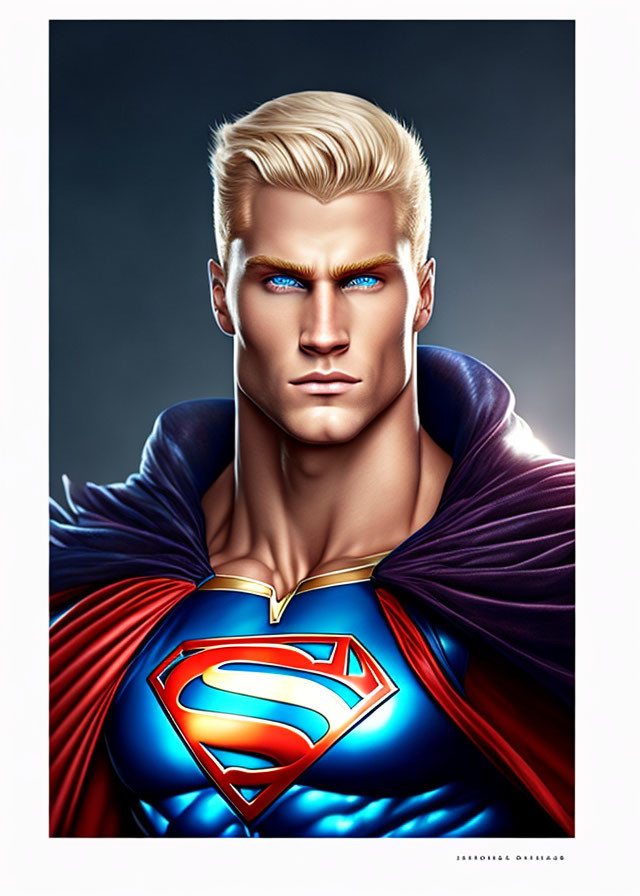 Blonde Male Superhero in Blue Suit with Red Cape