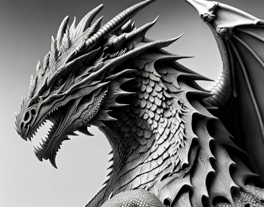 Detailed Monochrome Image of Fierce Dragon with Scales, Horns, and Wings