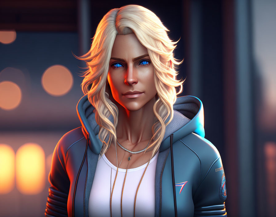 Digital artwork: Person with blue eyes, blonde hair, futuristic hoodie, city backdrop.