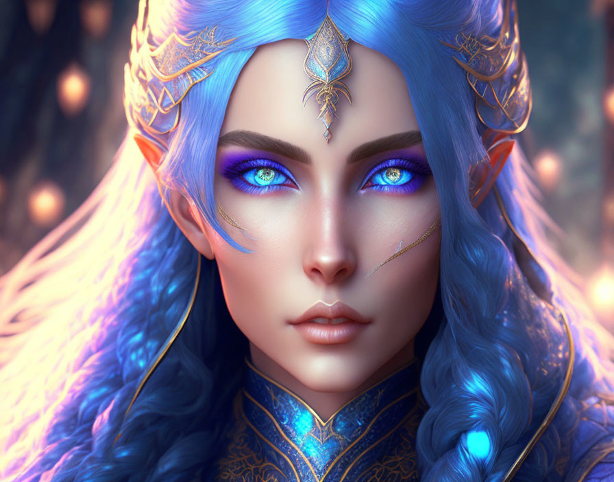 Fantasy female character with blue hair and ornate crown in digital portrait