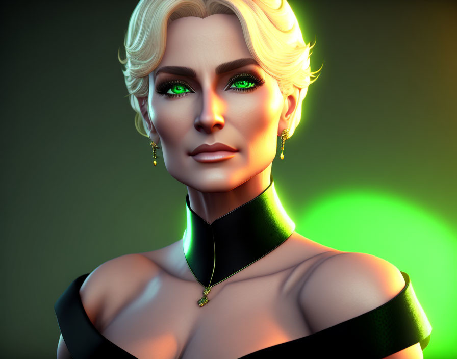 Blonde Woman 3D Illustration with Green Eyes and Gold Earrings