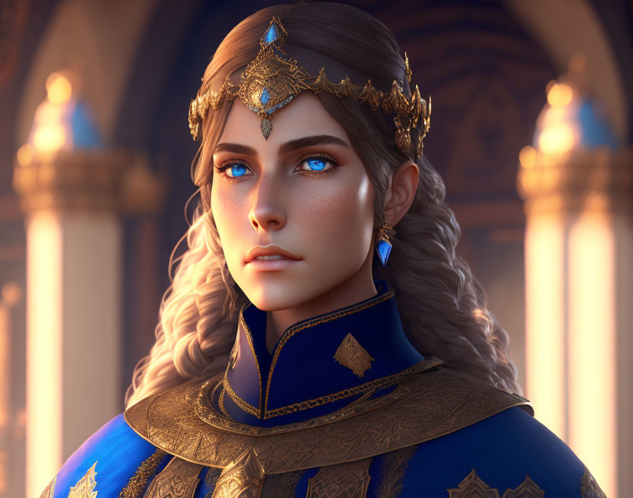 Regal female character with blue eyes and gold crown in grand arch-filled setting