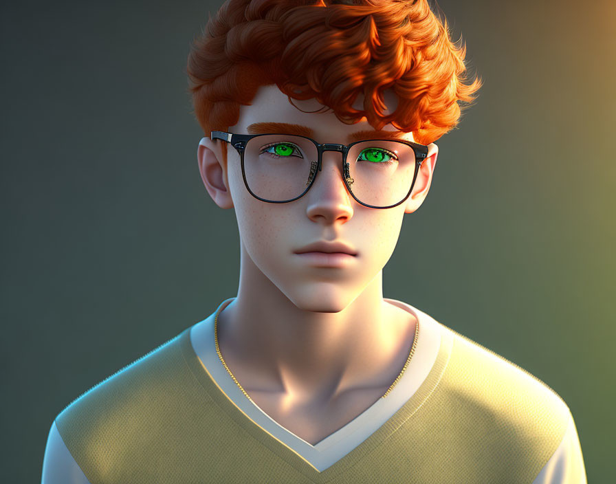 3D-rendered image: Young person with red curly hair, green eyes, round glasses, yellow