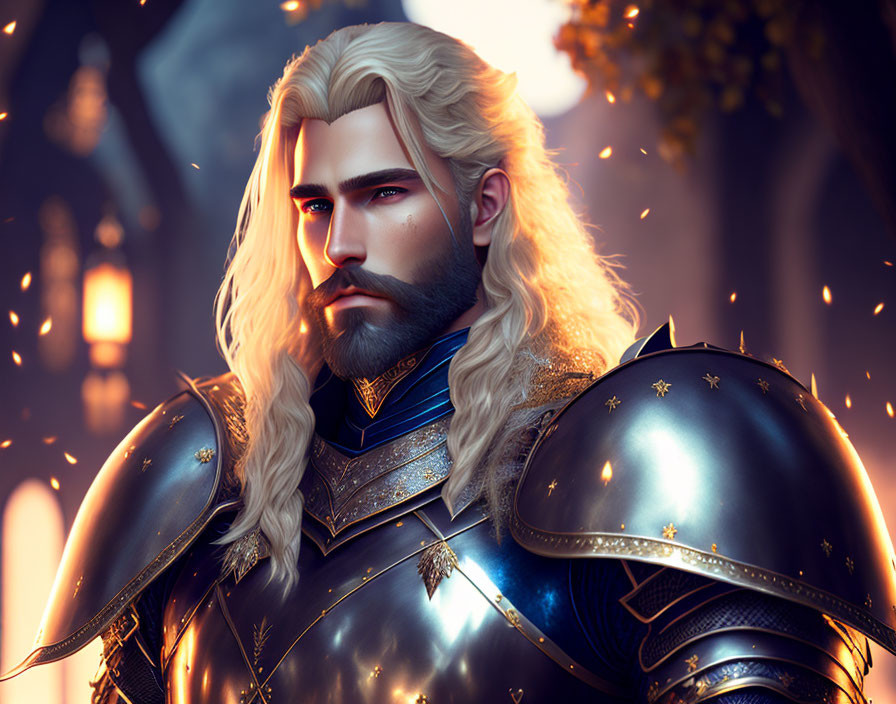 Regal figure in ornate armor with gold accents amidst glowing lights