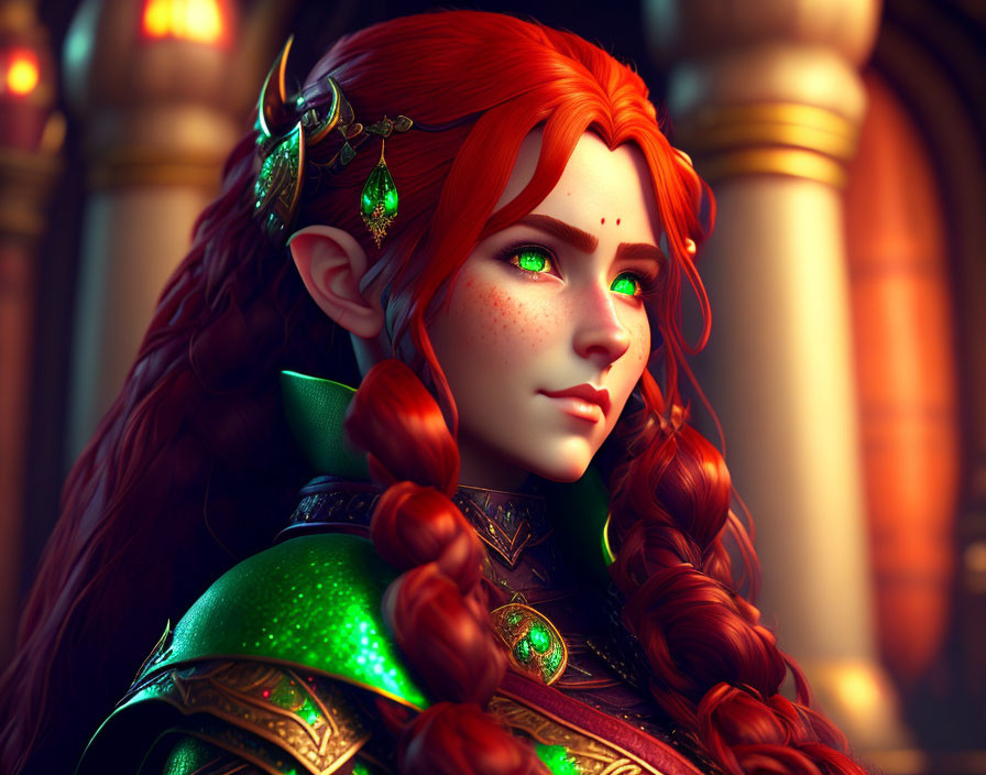 Red-haired elf in emerald green armor against warm backdrop