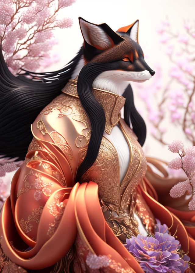 Anthropomorphic fox in ornate robes amidst pink cherry blossoms