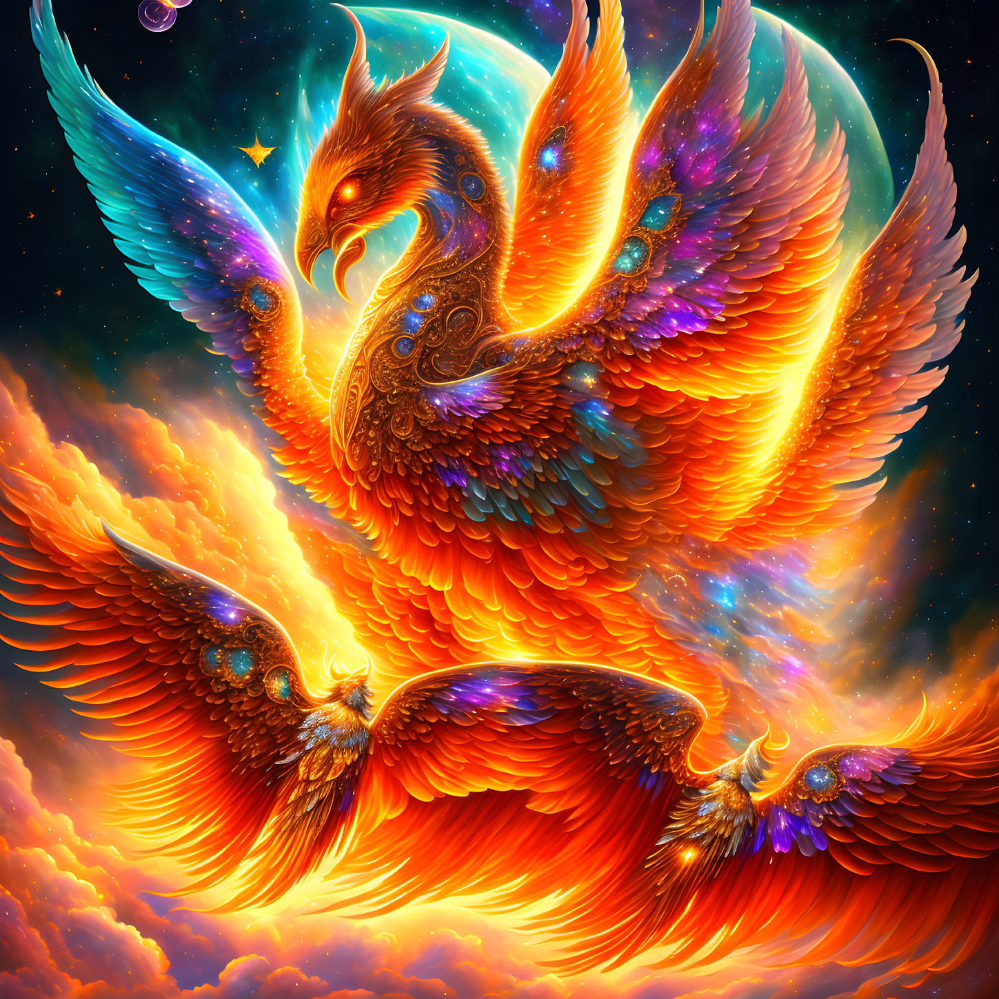 Colorful Phoenix Illustration with Cosmic Background