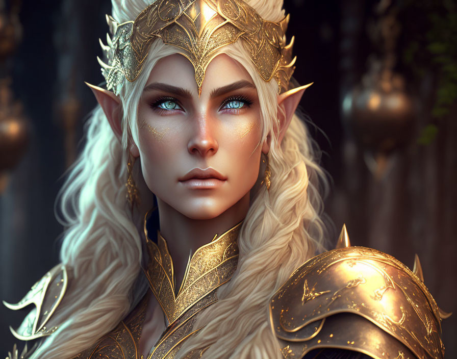 Elf portrait with golden armor and crown in mystical forest setting