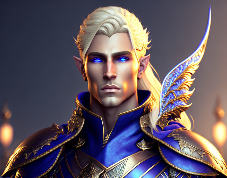 Blond-haired elf in blue and golden armor with feathered shoulder piece