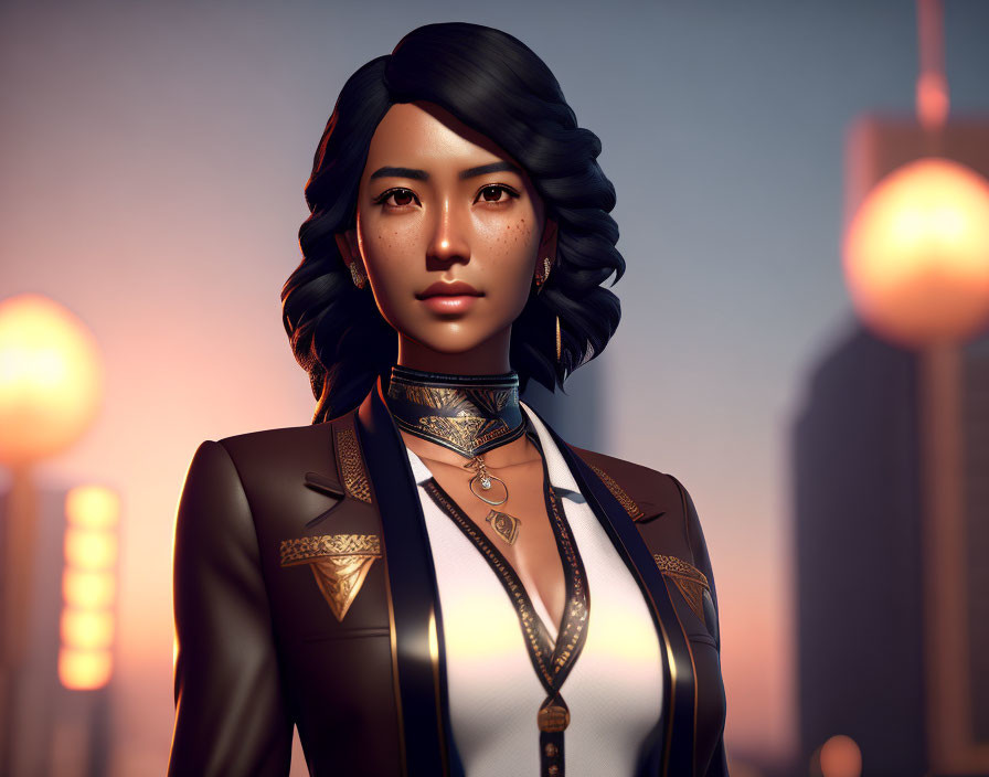 Short-haired animated woman in elegant attire with gold trims against cityscape at dusk