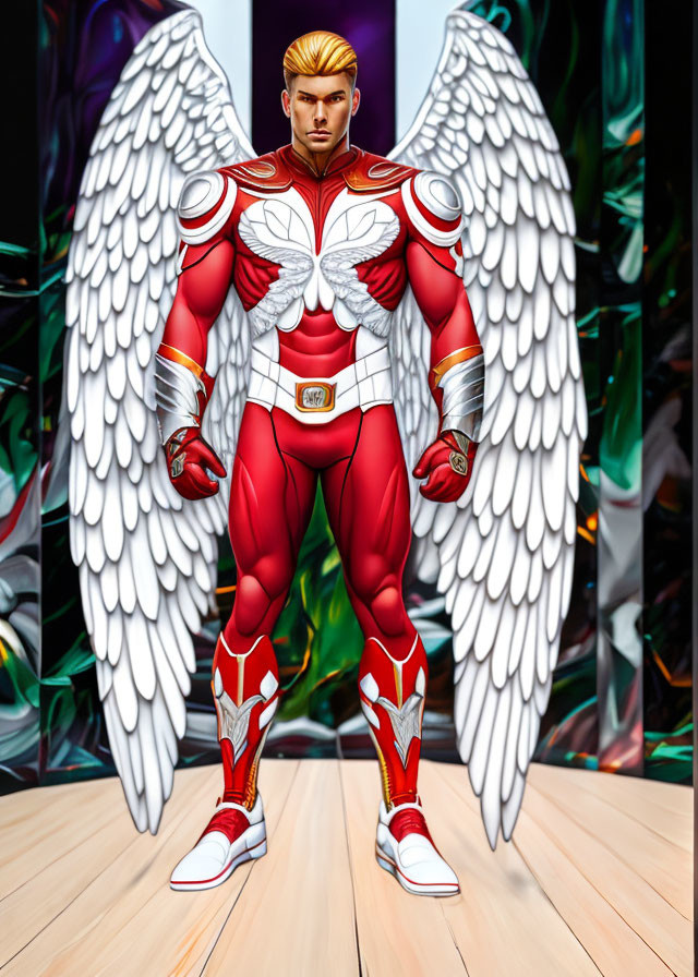 Muscular superhero in red and white suit with feathered wings standing confidently