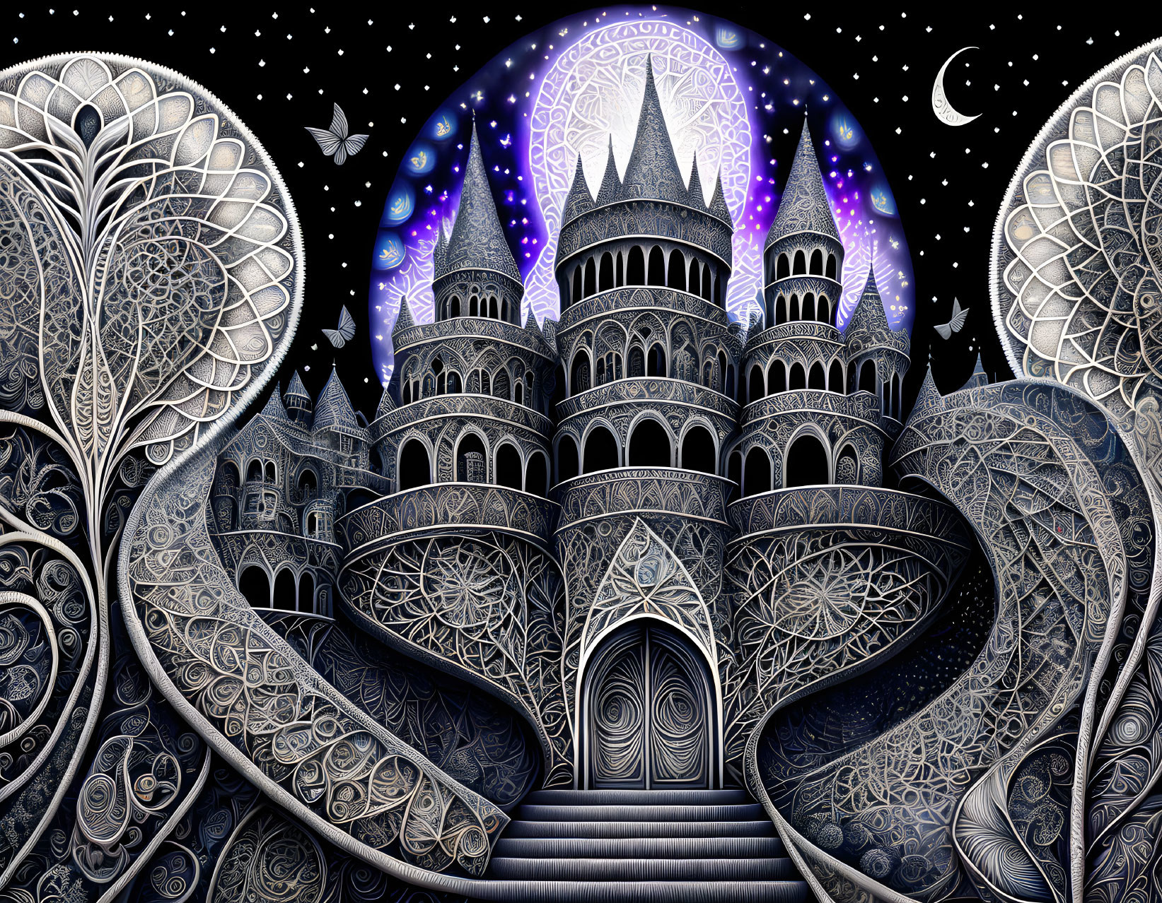 Fantasy castle under starry skies with crescent moon in monochromatic landscape