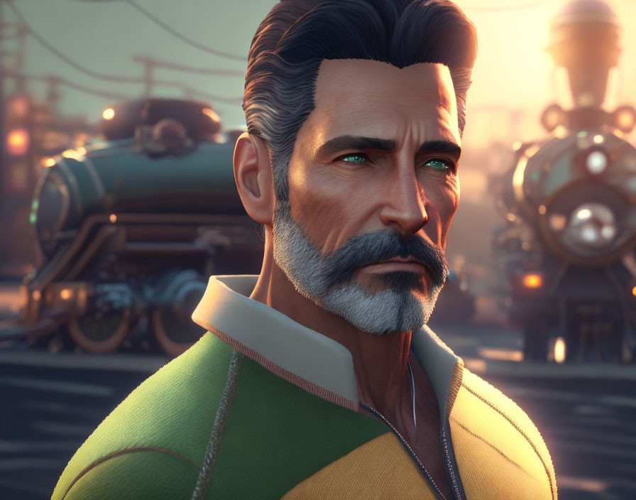 Male character with beard and slicked-back hair in steampunk setting