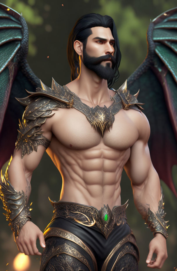 Muscular fantasy character with black hair, beard, golden armor, and wings in forest setting