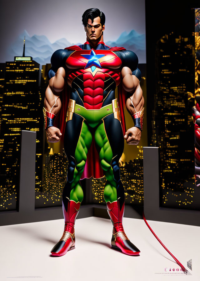 Muscular superhero with red cape and colorful costume in cityscape backdrop