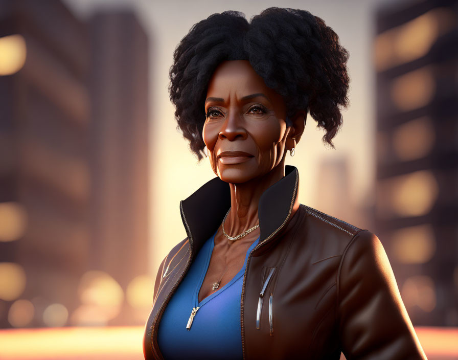 Digital portrait of determined older woman in leather jacket against cityscape at sunset