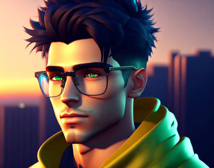 Stylized 3D illustration: Man with fashionable hair, glasses, yellow hoodie, against city