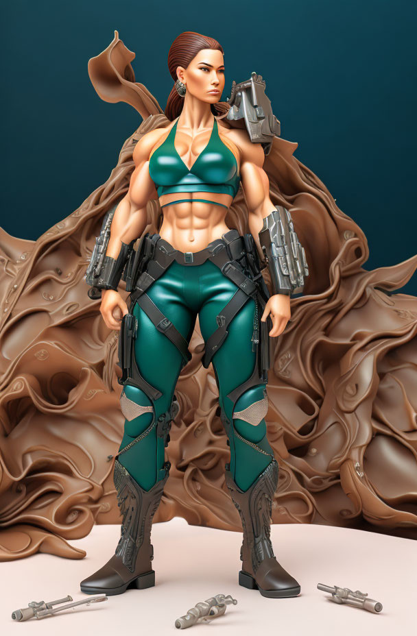 Female character in teal tactical gear with weapons and cape on turquoise background