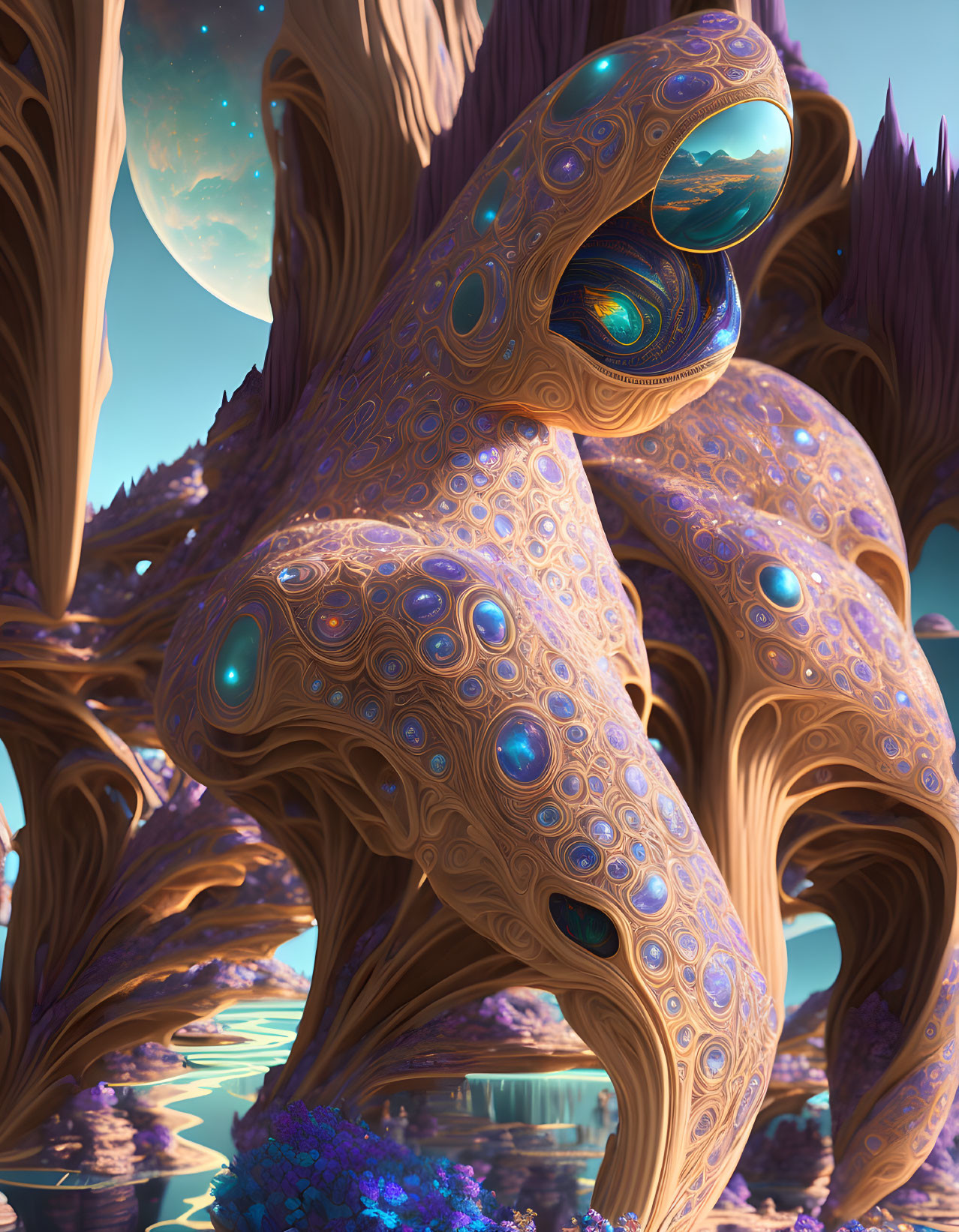 Intricate surreal structure with gems, purple spires, moon, and water.