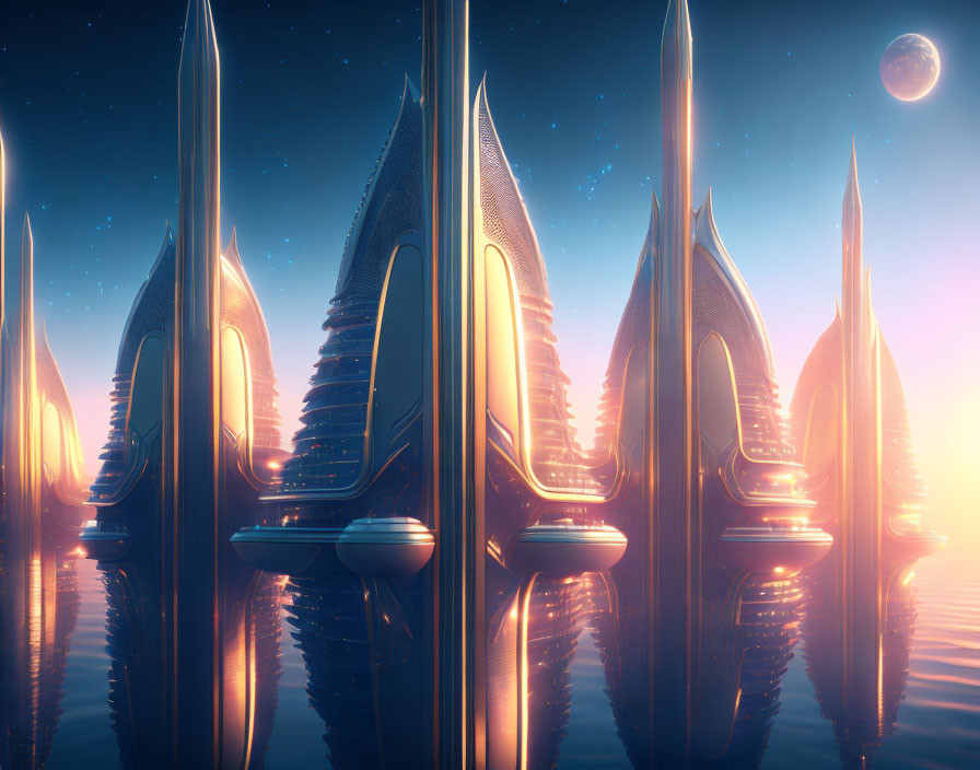 Sleek futuristic cityscape with golden-lit towers and moonlit sky