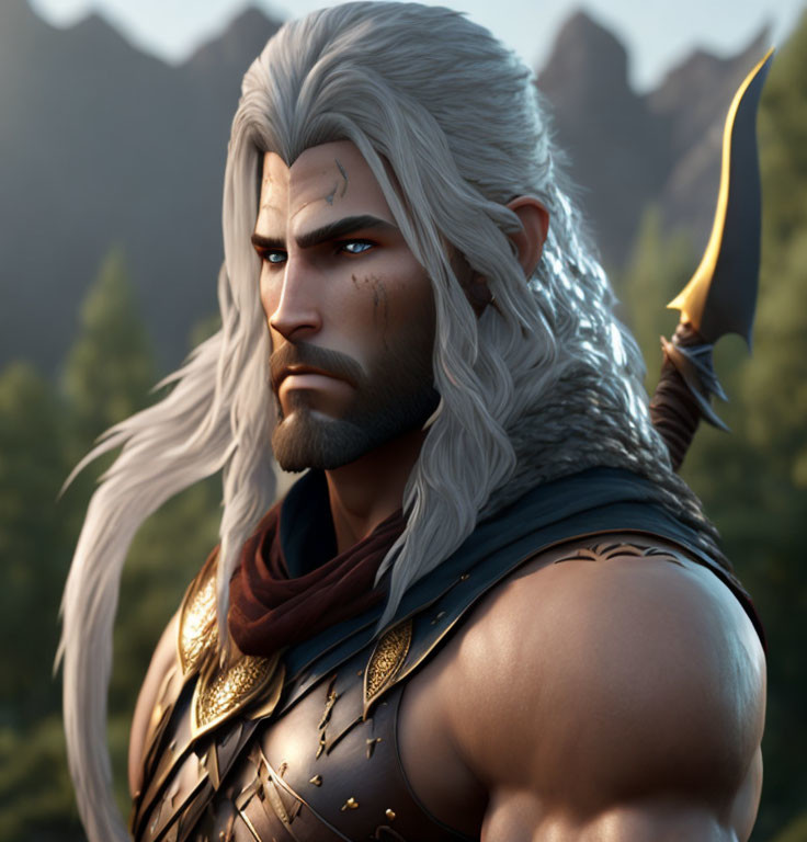 Animated fantasy archer with white hair, quiver, and armor in twilight forest