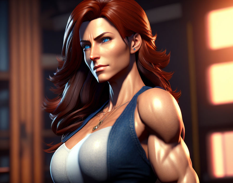 Stylized muscular woman with red hair in blue tank top in 3D rendering