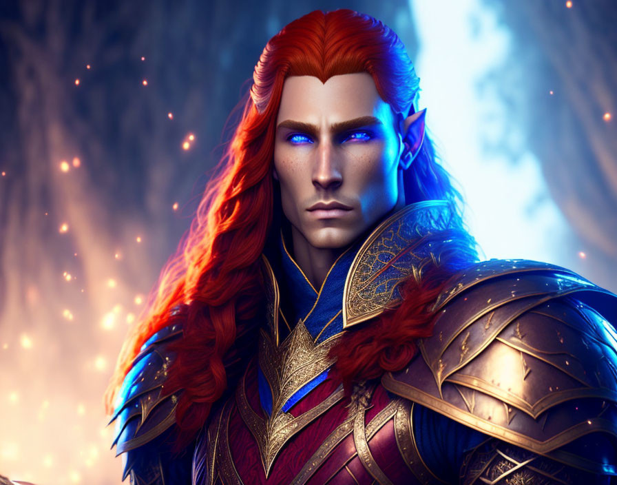 Fantasy male character with long red hair in ornate armor against glowing embers