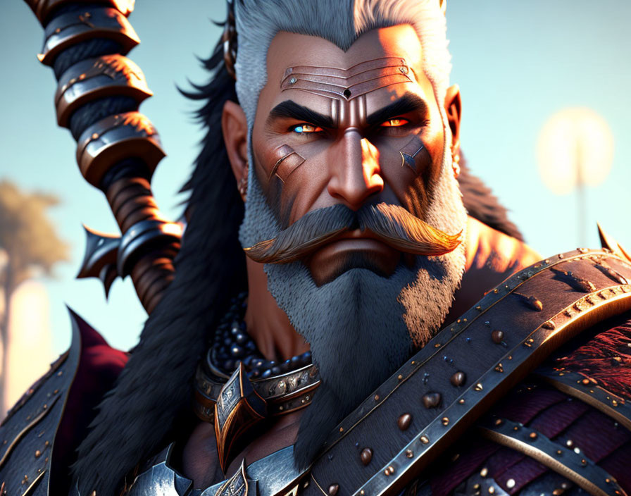 Detailed 3D animated male character with stern expression, gray mustache, beard, armor.