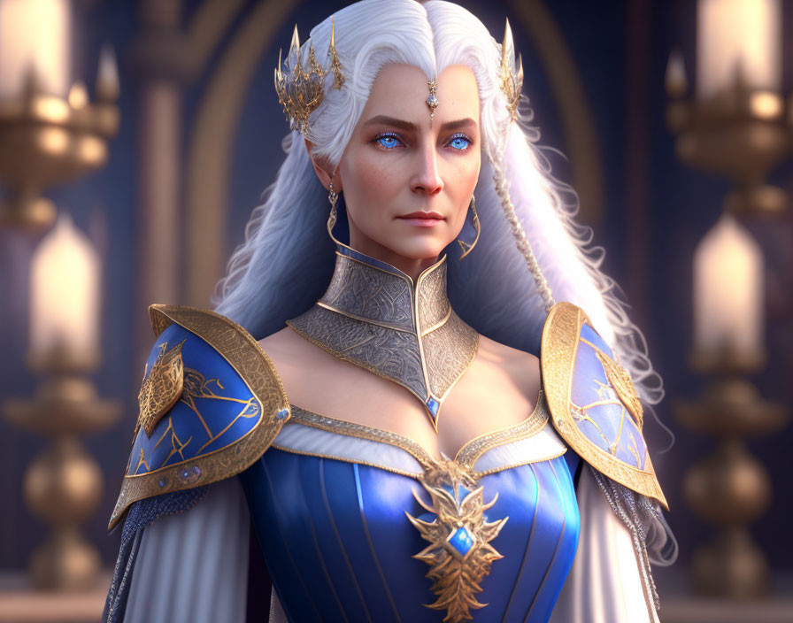 Regal woman with white hair, blue eyes, ornate crown, and armor.