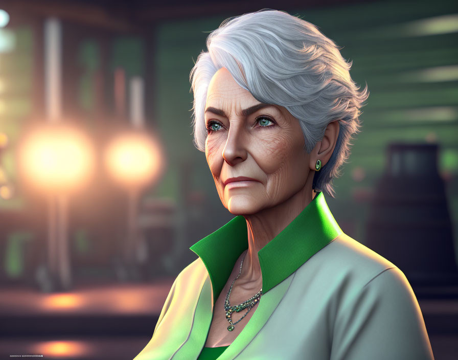 Elderly woman in green blazer with dignified expression