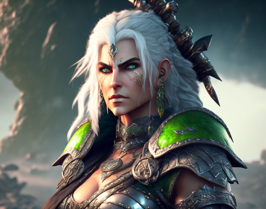 White-haired female warrior in green and silver armor with facial tattoos