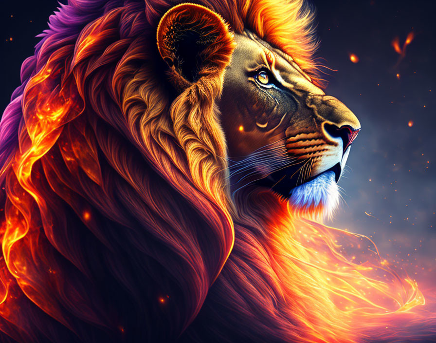 Majestic lion with fiery mane in cosmic setting