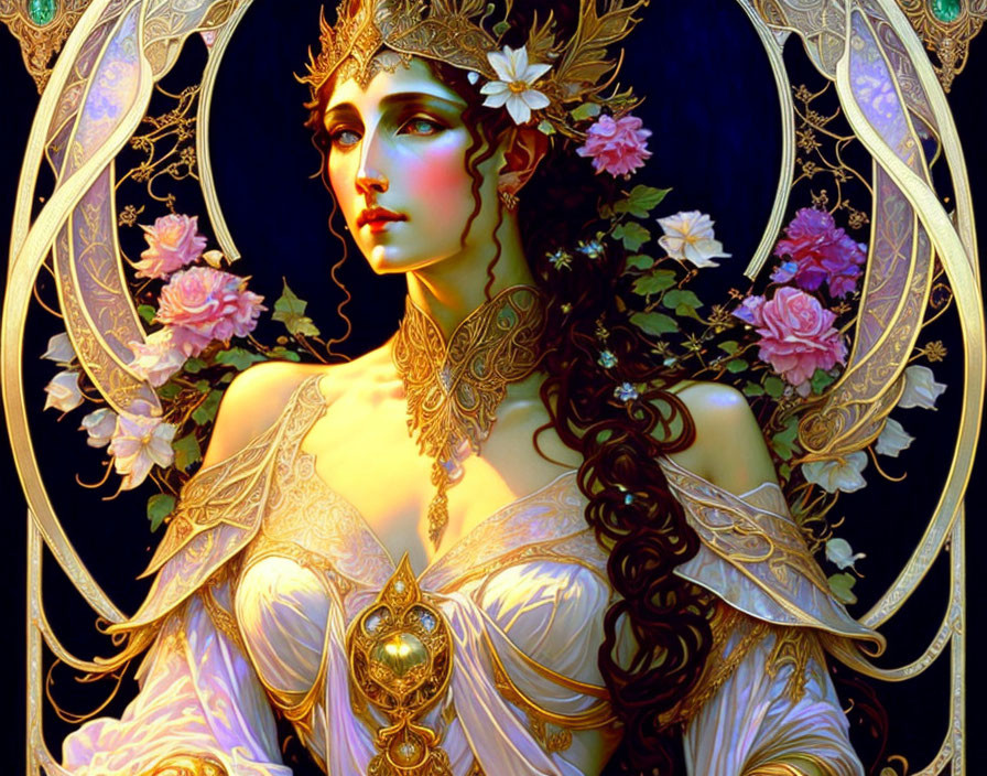 Detailed illustration of fantastical woman with golden jewelry and floral hair decor.