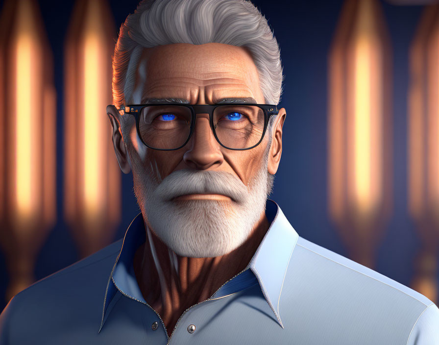 Elderly animated man with white hair, beard, glasses, blue shirt on dark background.