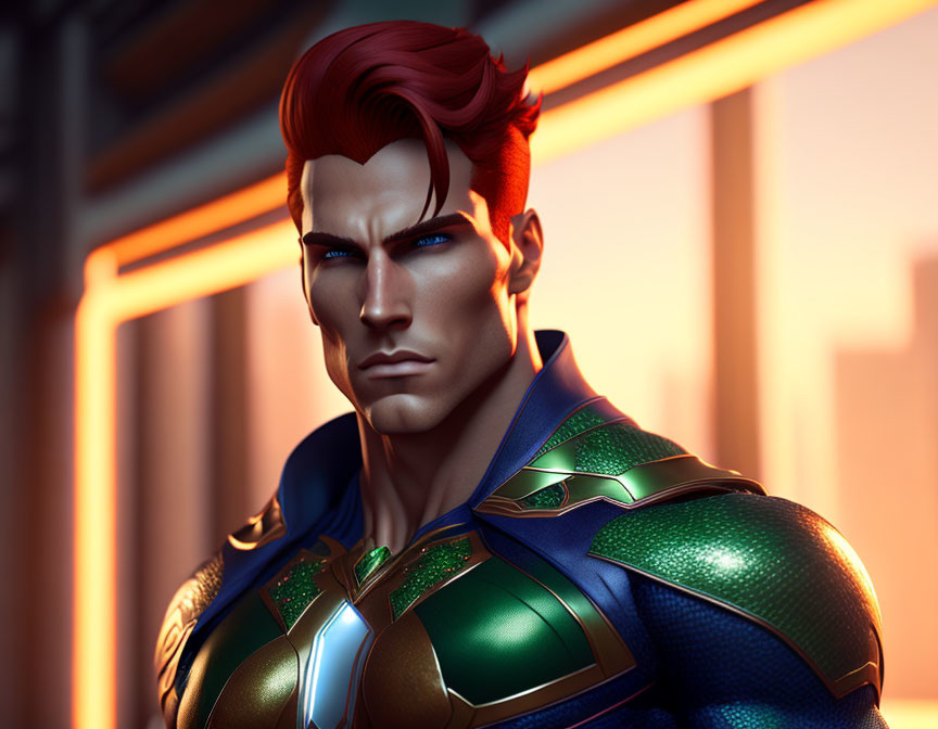 Male superhero with red hair in green and blue suit against orange-lit cityscape