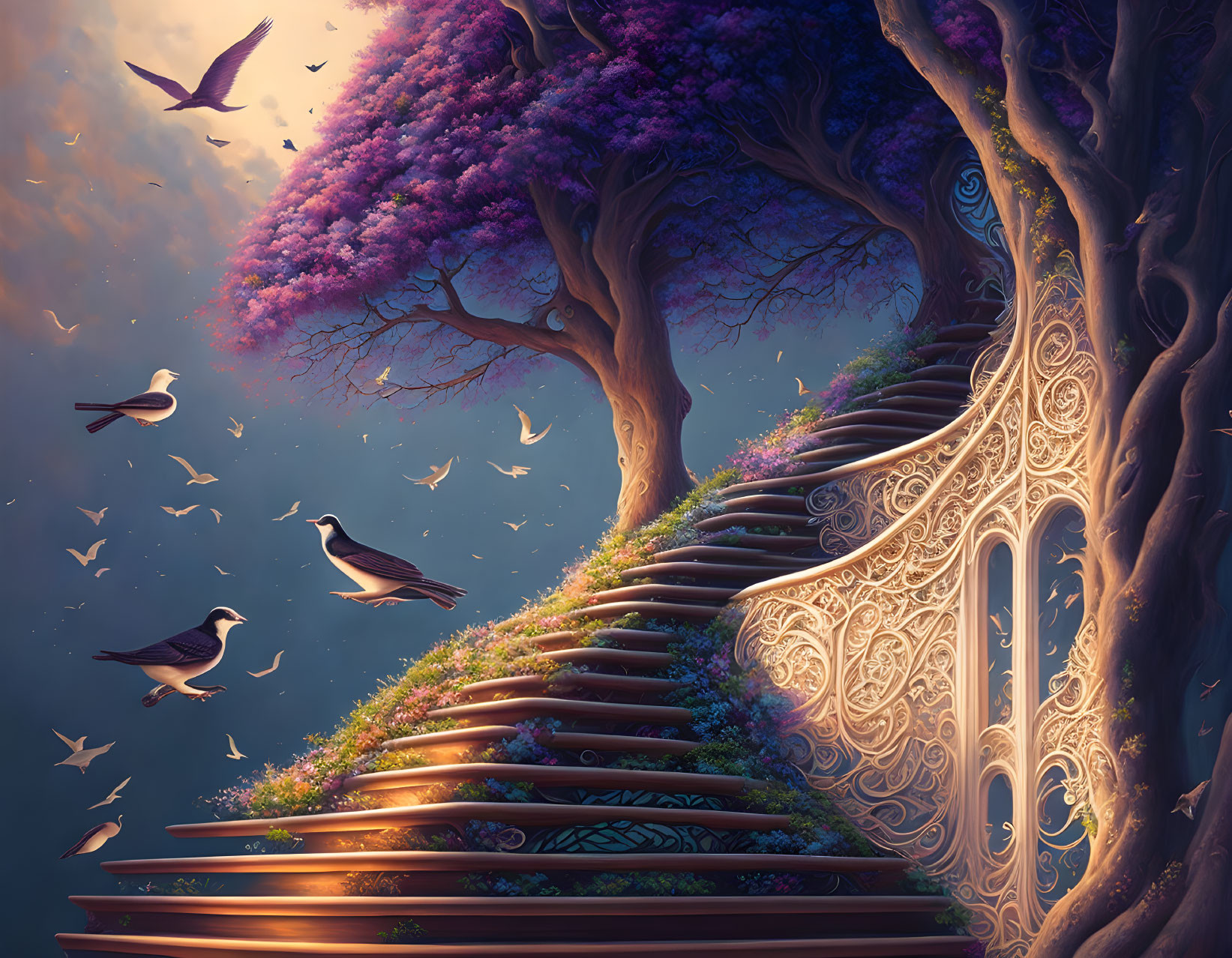 Twisting stairway around tree with purple flowers and flying birds