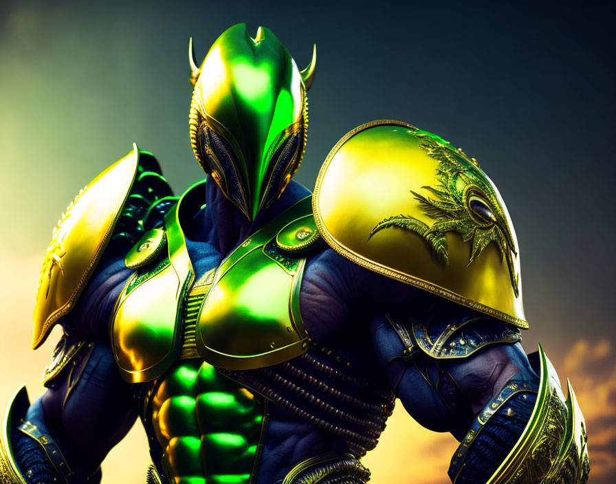 Elaborate Green and Gold Armor on Fantasy Character Against Moody Sky