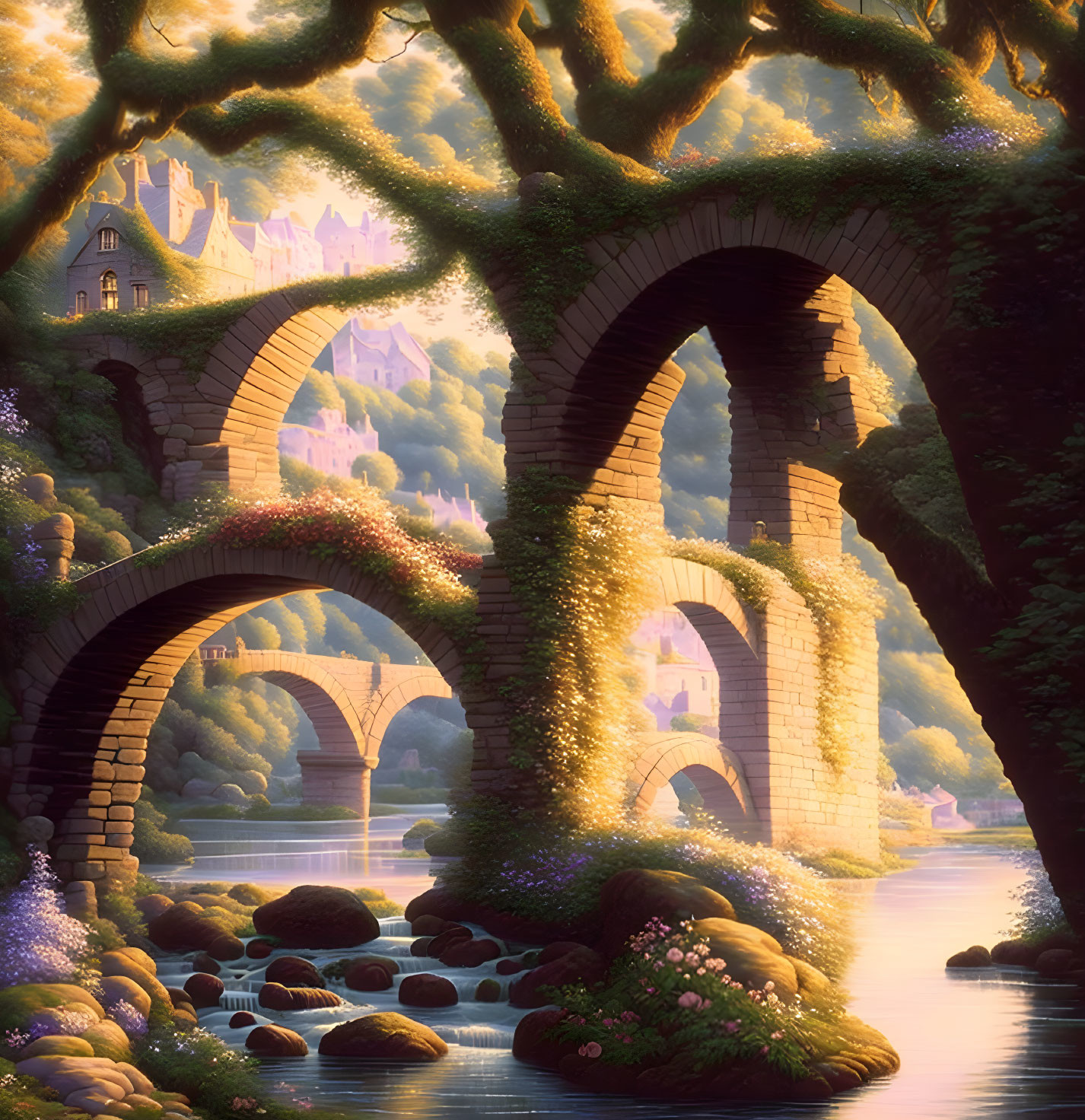 Stone arch bridges over tranquil river with castle and lush trees