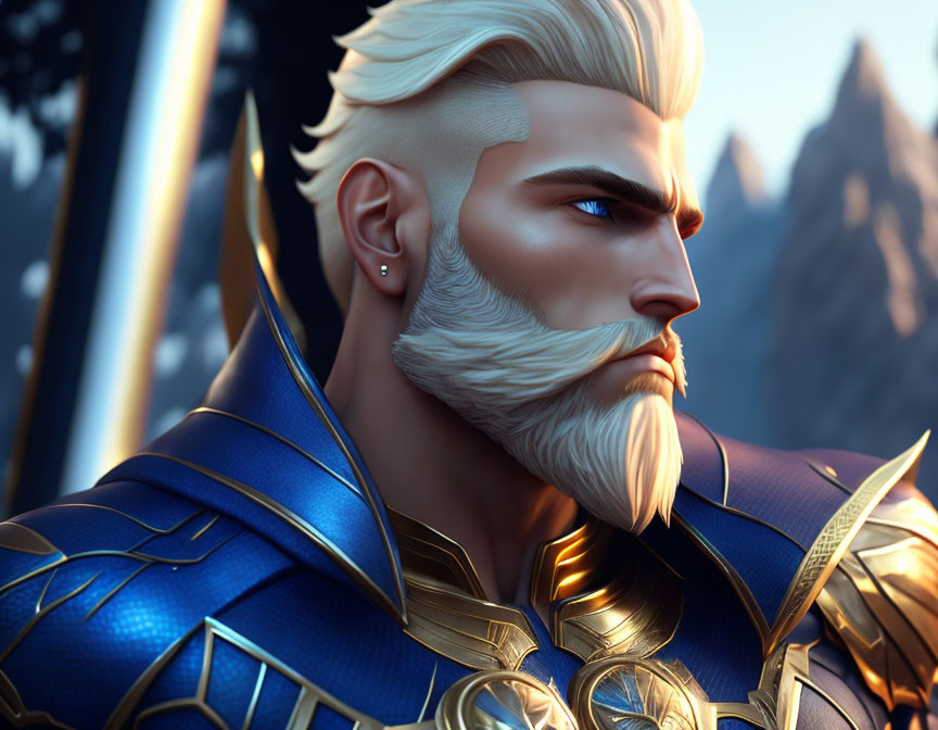 Blonde-bearded animated character in blue and gold armor against mountainous backdrop